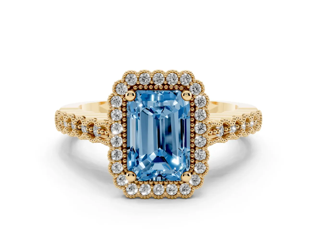 Radiant Cut Milgrain Halo Engagement Ring Setting for a Fancy Blue Lab-Grown Diamond | Beaded Shoulders | Yellow Gold