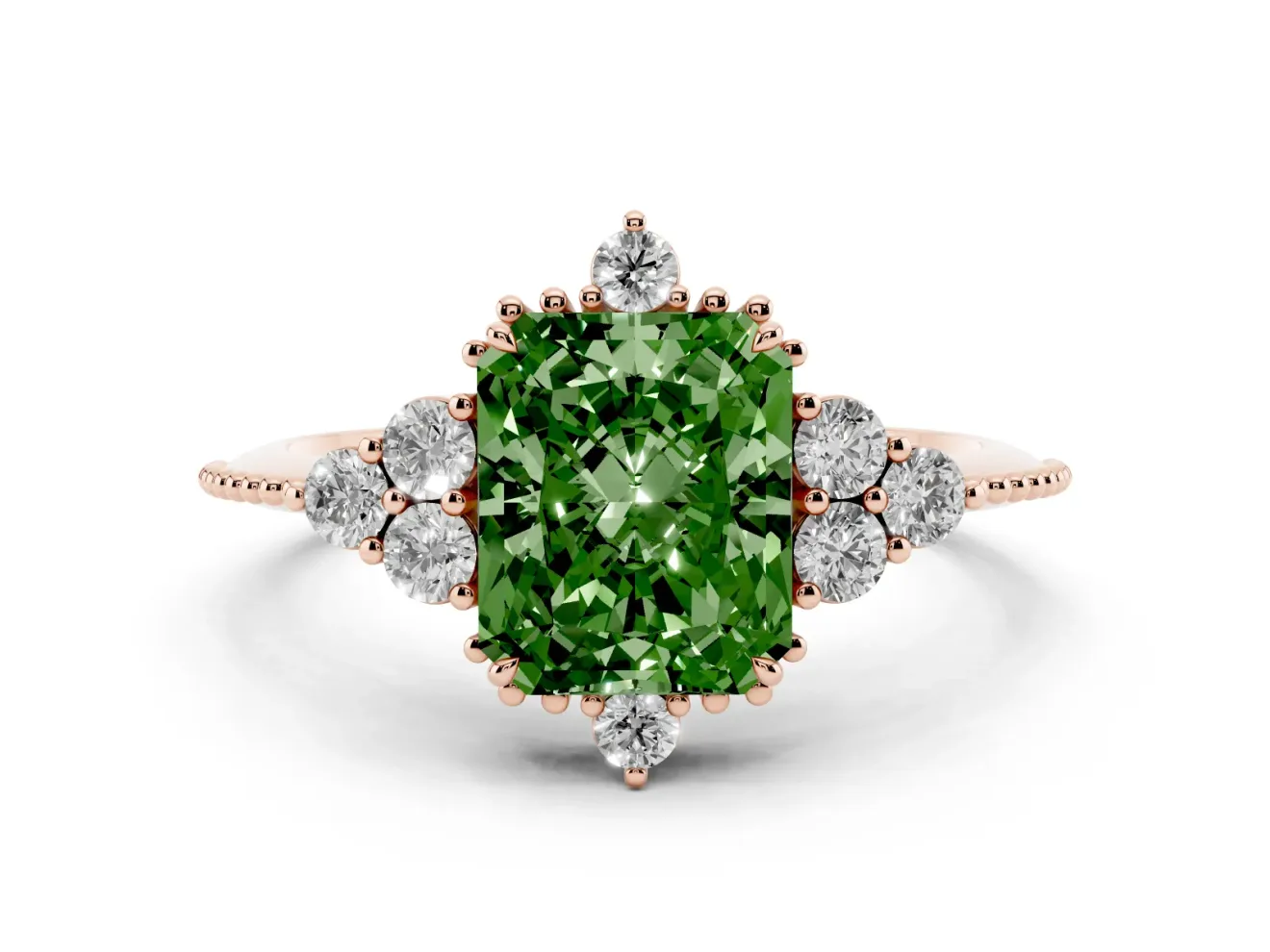 Fancy Green Radiant Cut Diamond Cluster Ring Set in Rose gold with Beaded Band