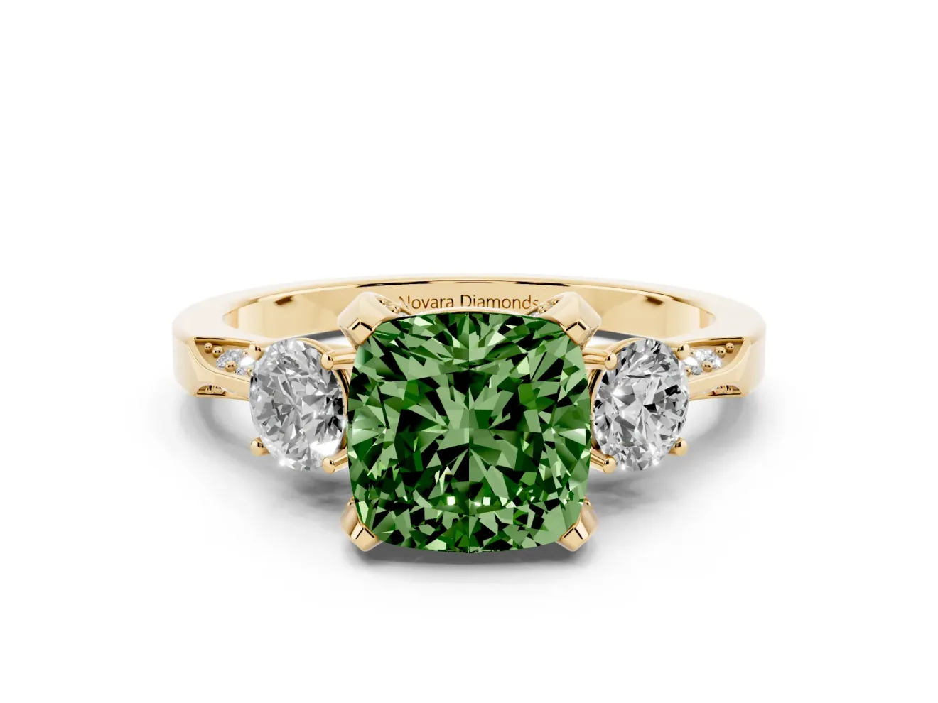 Cushion Cut Hidden Halo Three Stone Engagement Ring Setting for a Fancy Green Lab-Grown Diamond | Yellow Gold