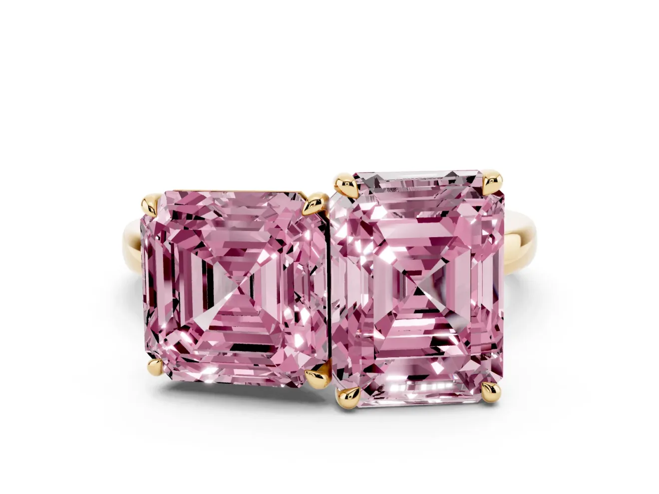 Fancy Pink Asscher Cut and Emerald Cut Toi Moi Ring Set in Yellow gold with Prong Setting