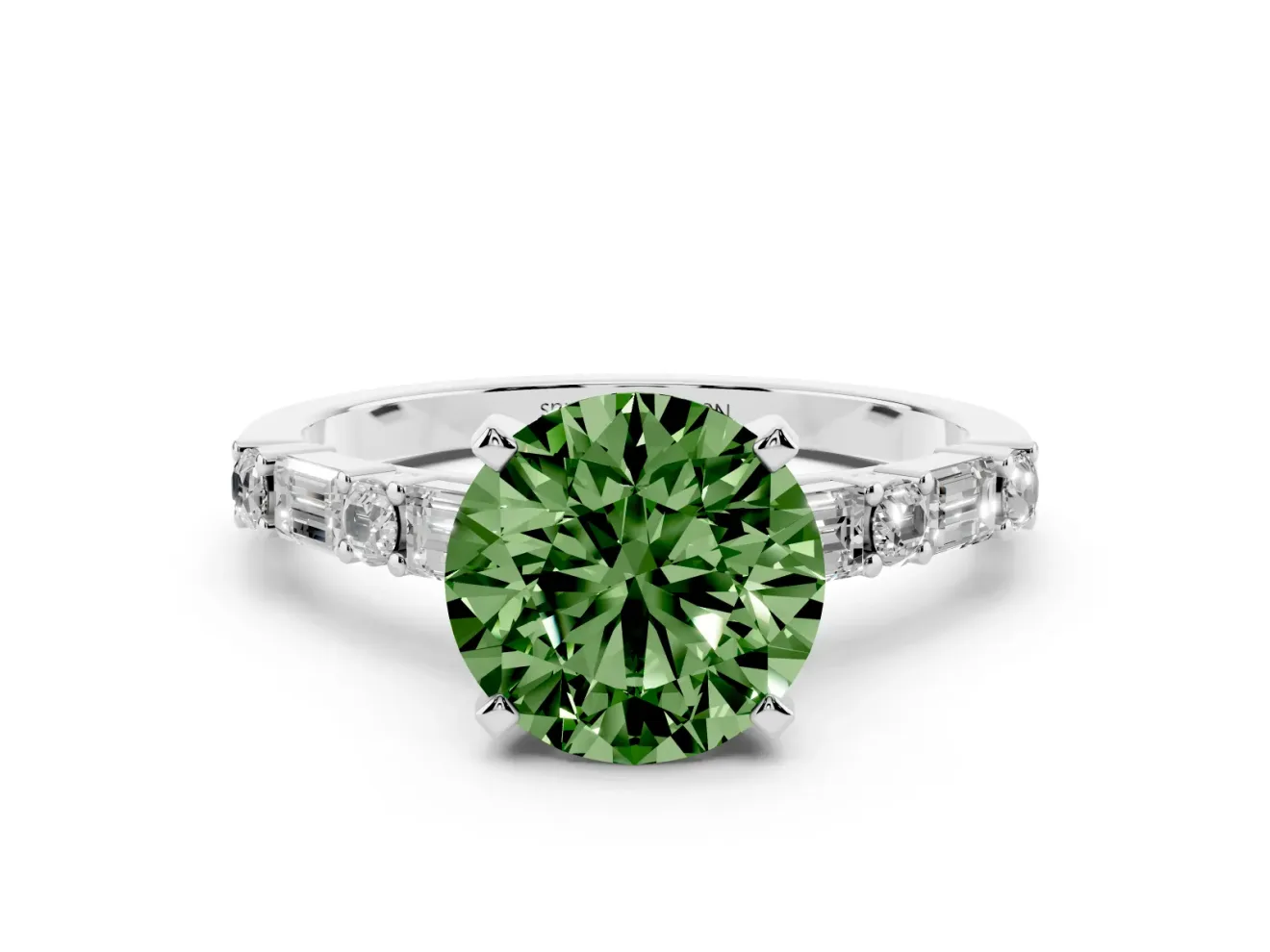 Round Baguette Side Stone Engagement Ring Setting for a Fancy Green Lab-Grown Diamond | Sterling Silver