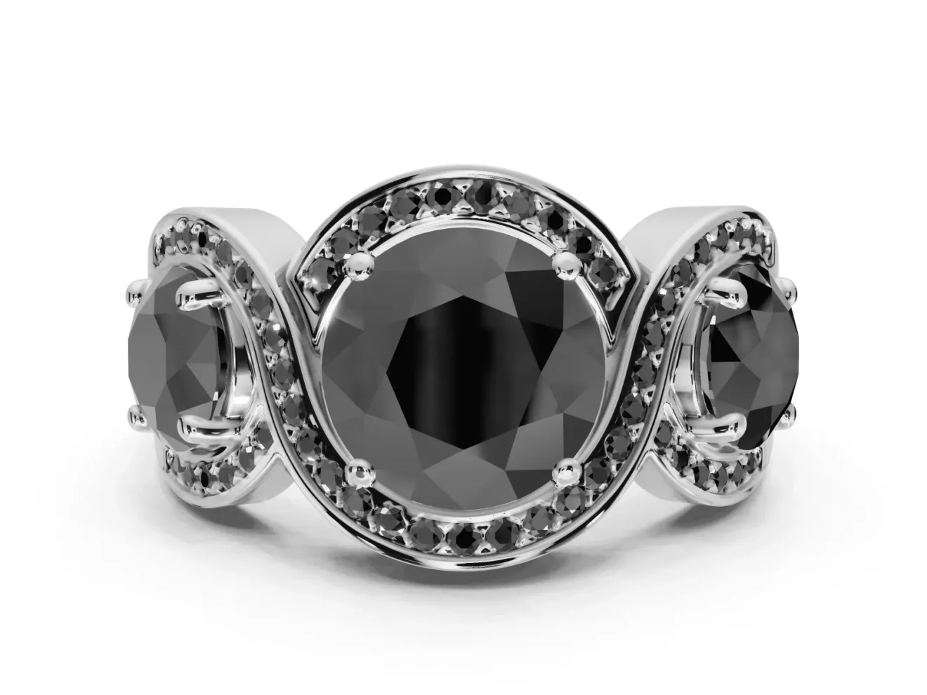 Round Three Stone Halo Engagement Ring Setting for a Black Center | Pavé Wave Band | White Gold