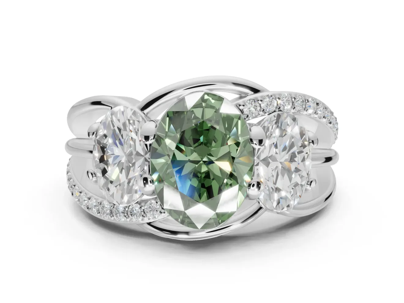 Oval Three Stone Split Shank Engagement Ring Setting for a Fancy Green Lab-Grown Diamond | Matching Sides | White Gold