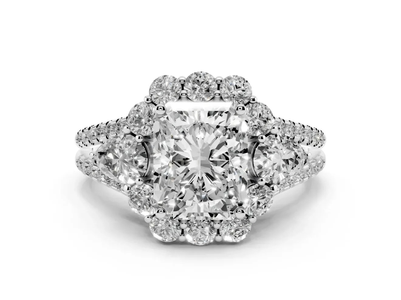 Radiant Cut Diamond Halo Split Shank Engagement Ring Set in Platinum with Prong-Held Center Stone