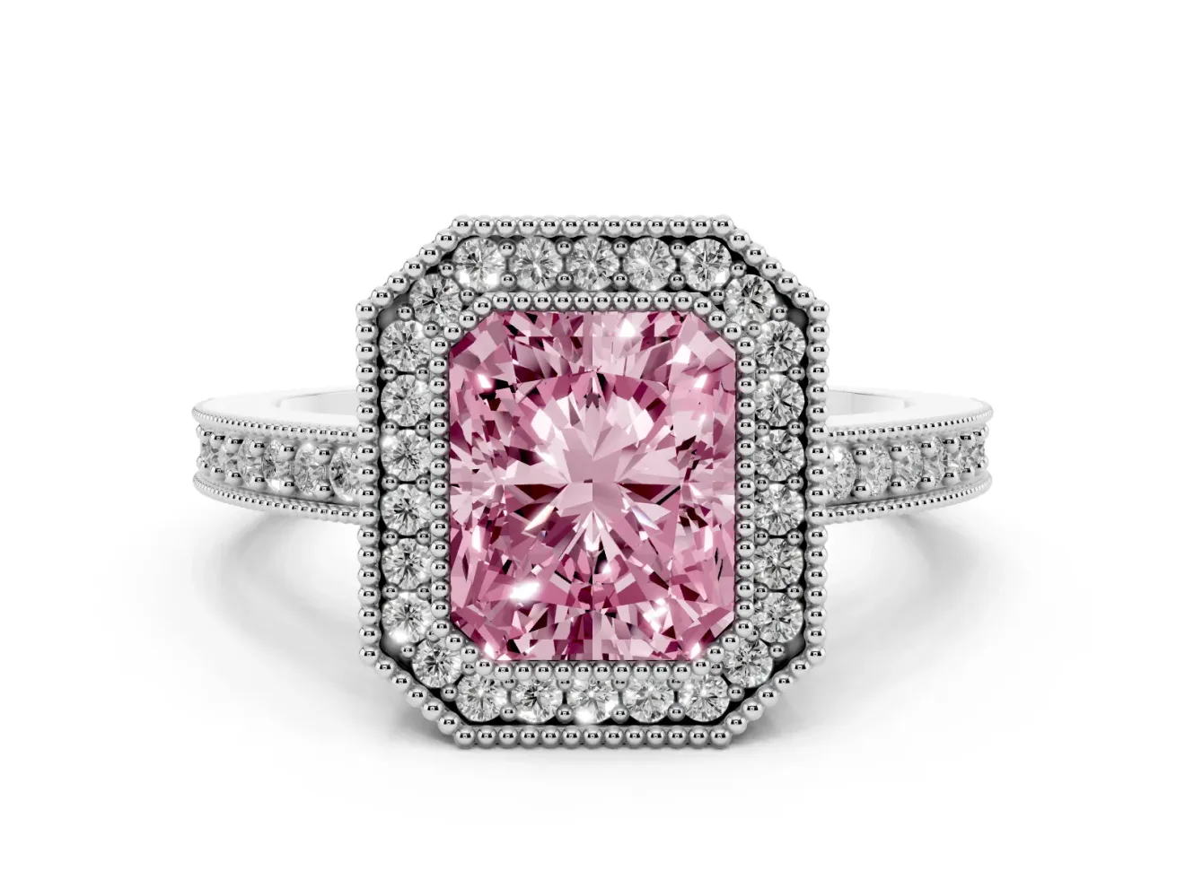 Fancy Pink Radiant Cut Diamond Halo Engagement Ring Set in Platinum with Pavé Band and Round Halo Stones