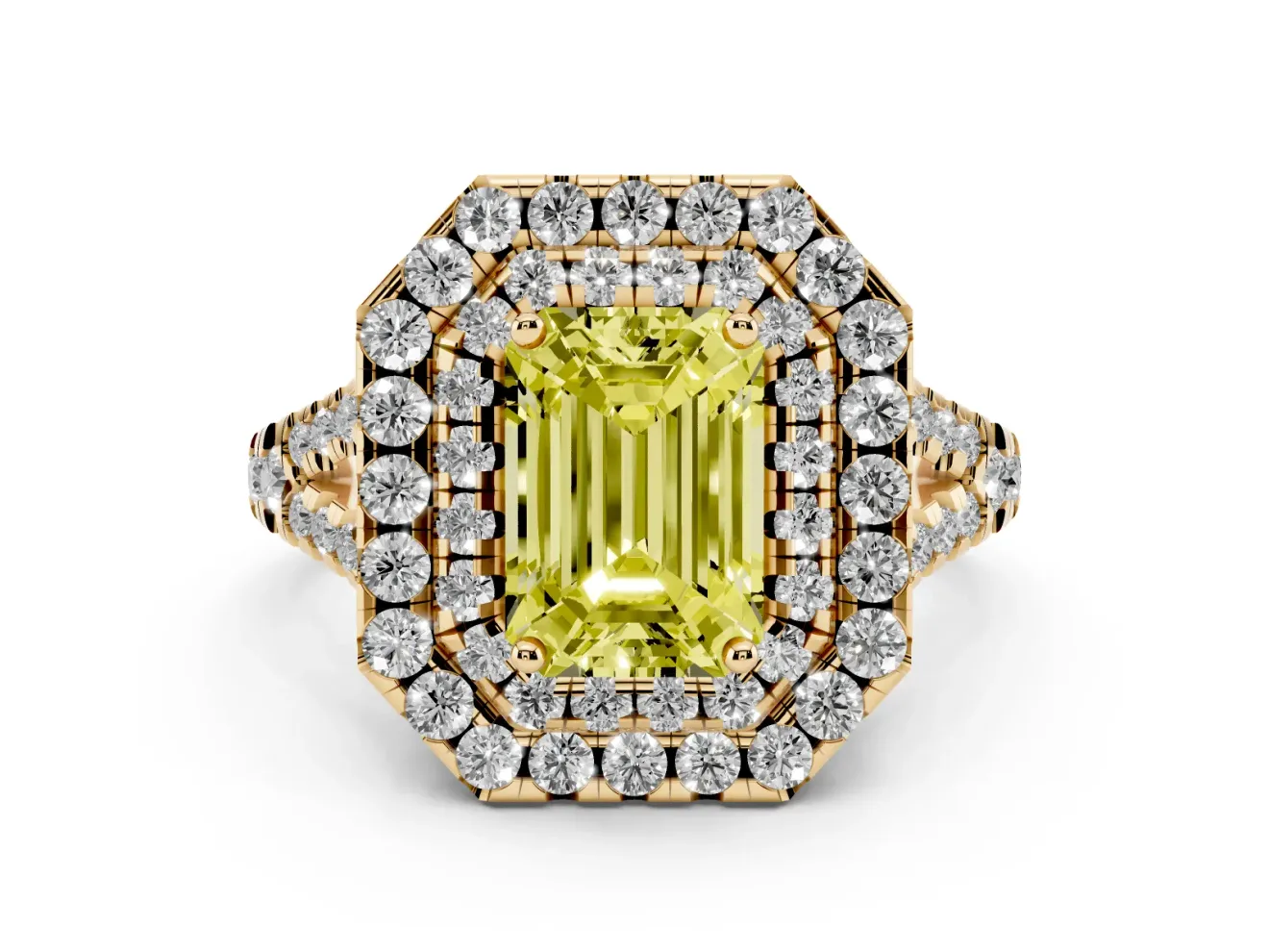 Emerald Cut Halo Split Shank Engagement Ring Setting for a Fancy Yellow Lab-Grown Diamond | Yellow Gold