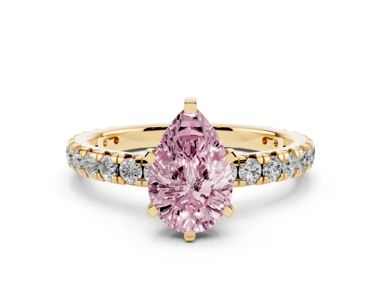Fancy Pink Pear Cut Diamond Pavé Solitaire Ring Set in Yellow gold with Round Band and Prong Setting