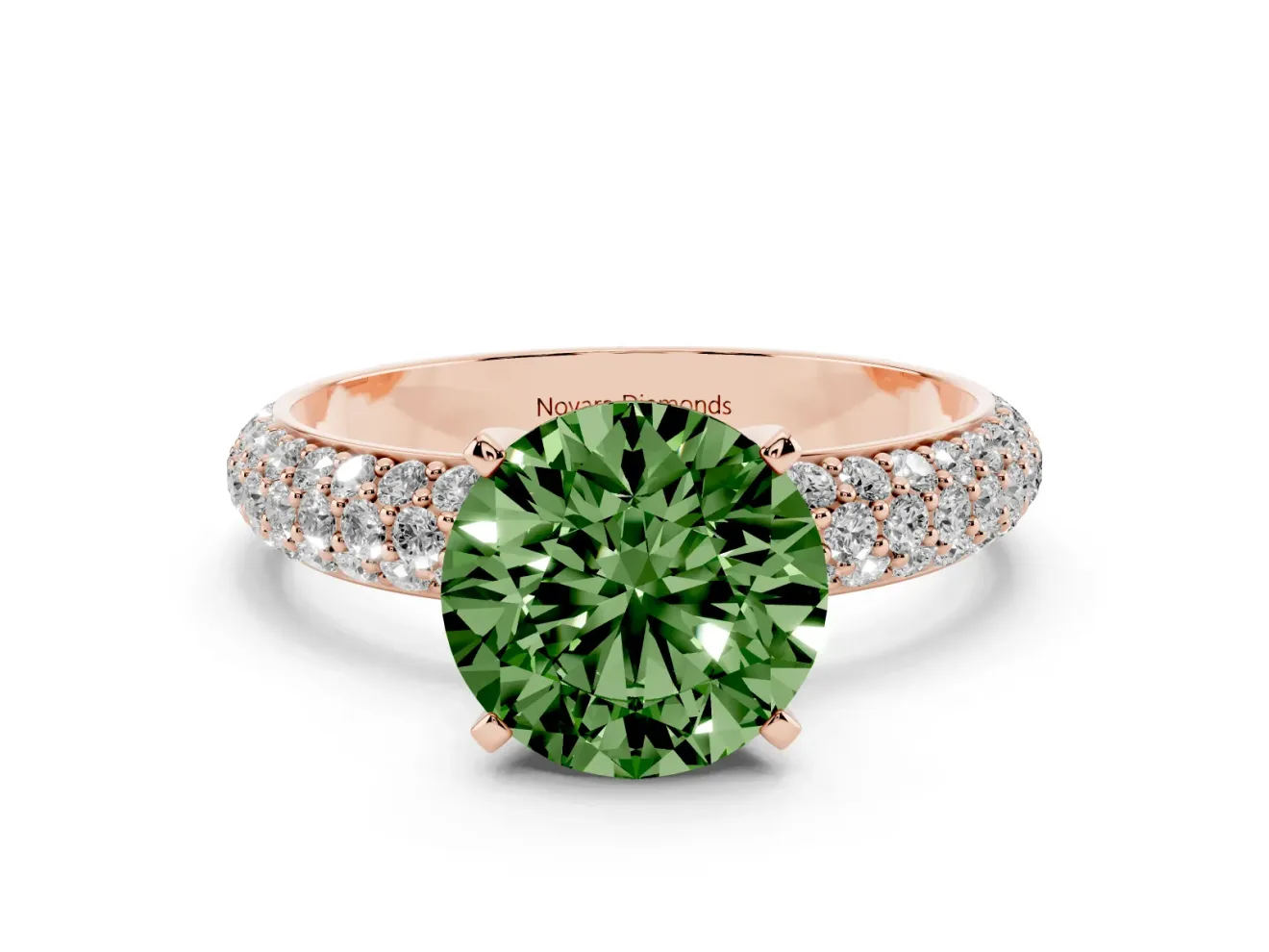 Fancy Green Round Cut Diamond Solitaire Ring Set in Rose gold with Prong Setting and Pavé-Set Band