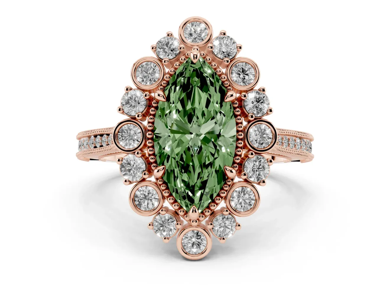 Fancy Green Marquise Cut Diamond Halo Milgrain Pavé Ring Set in Rose gold with Prong Setting