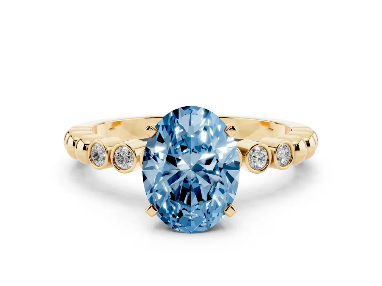 Oval Beaded Solitaire Engagement Ring Setting for a Fancy Blue Lab-Grown Diamond | Yellow Gold