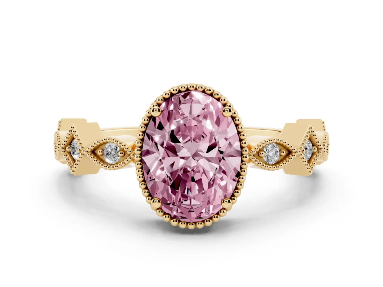 Oval Milgrain Bezel Engagement Ring Setting for a Fancy Pink Lab-Grown Diamond | Yellow Gold