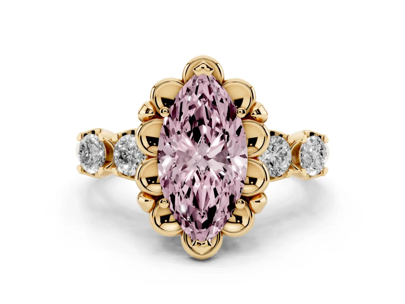 Marquise Floral Engagement Ring Setting for a Fancy Pink Lab-Grown Diamond | Petal Frame and Side Stones | Yellow Gold