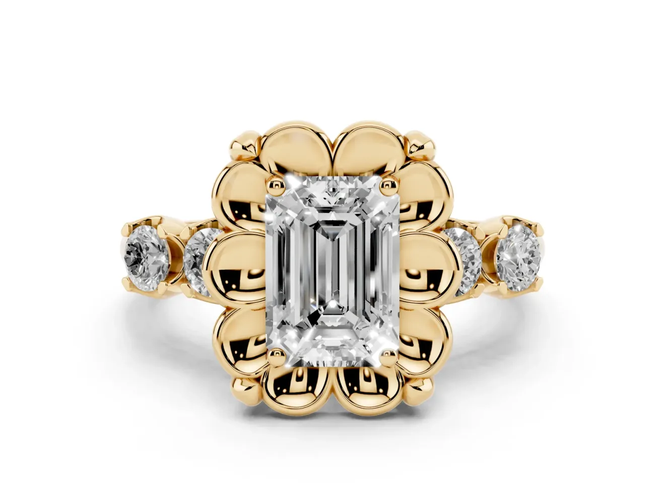 Emerald Cut Floral Engagement Ring Setting | Petal Frame and Side Stones | Yellow Gold