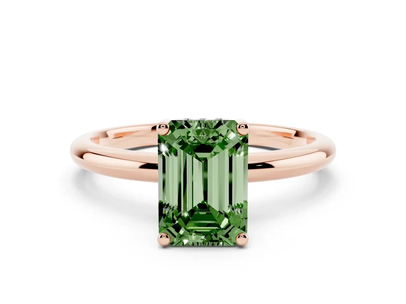 Fancy Green Emerald Cut Diamond Solitaire Engagement Ring Set in Rose gold with Prong Setting and Polished Band