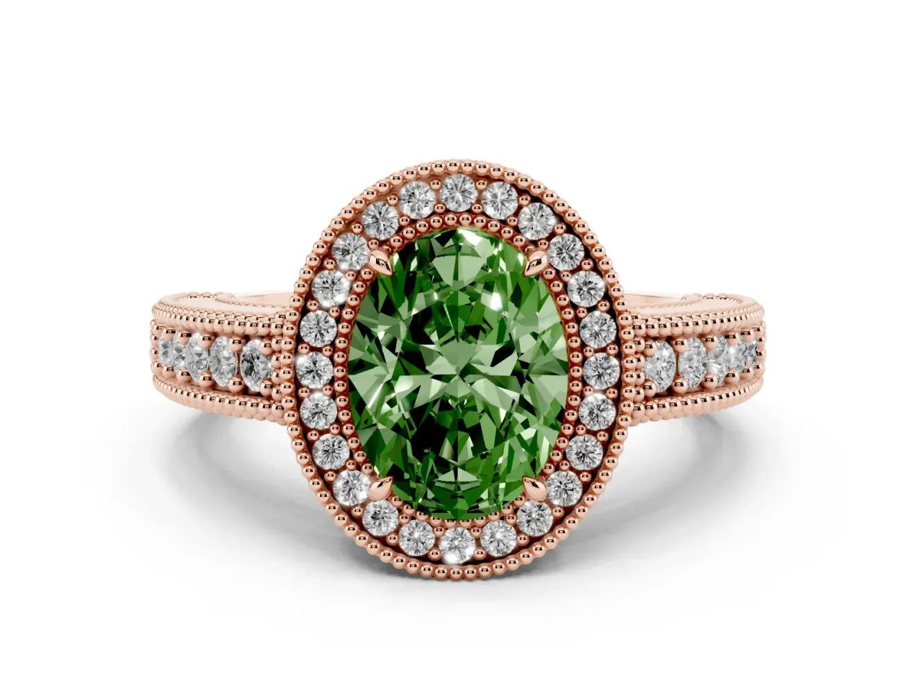 Fancy Green Oval Cut Diamond Halo Ring Set in Rose gold with Round Accent Halo, Pavé Band and Prong Setting