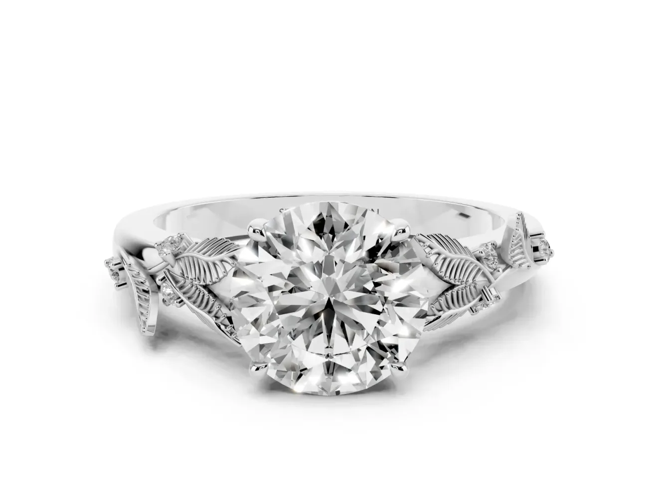 Round Leaf Motif Solitaire Engagement Ring Setting | Accented Leaves | Sterling Silver