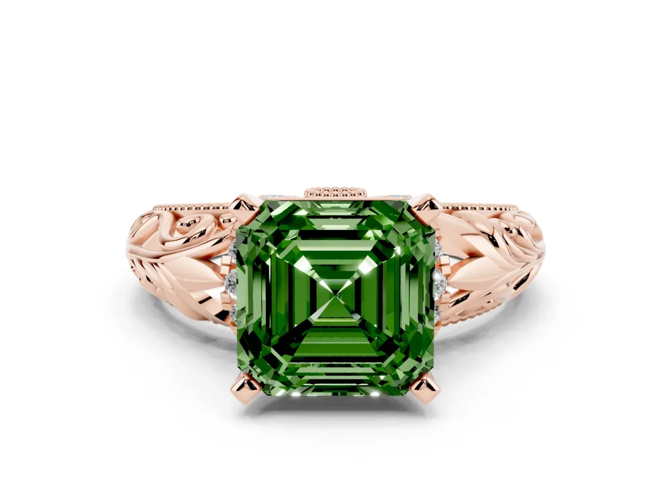 Asscher Cut Filigree Engagement Ring Setting for a Fancy Green Lab-Grown Diamond | Rose Gold