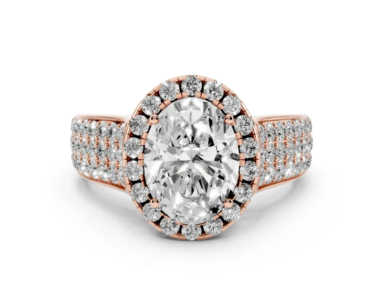 Oval Cut Diamond Halo Ring Set in Rose gold with Pavé Band and Raised Center Setting