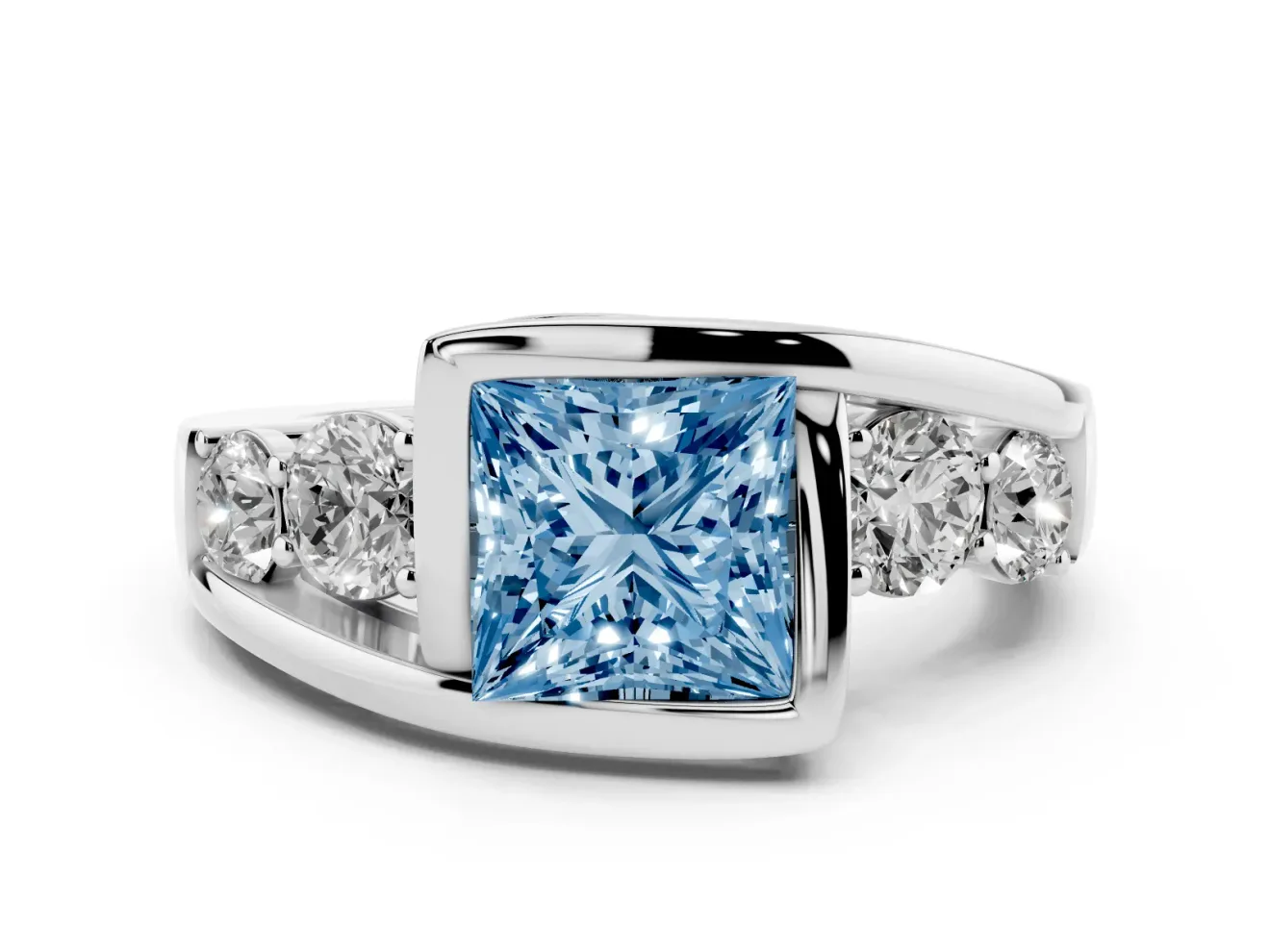 Fancy Blue Princess Cut Diamond Bezel Bypass Ring Set in White gold with Round Accents
