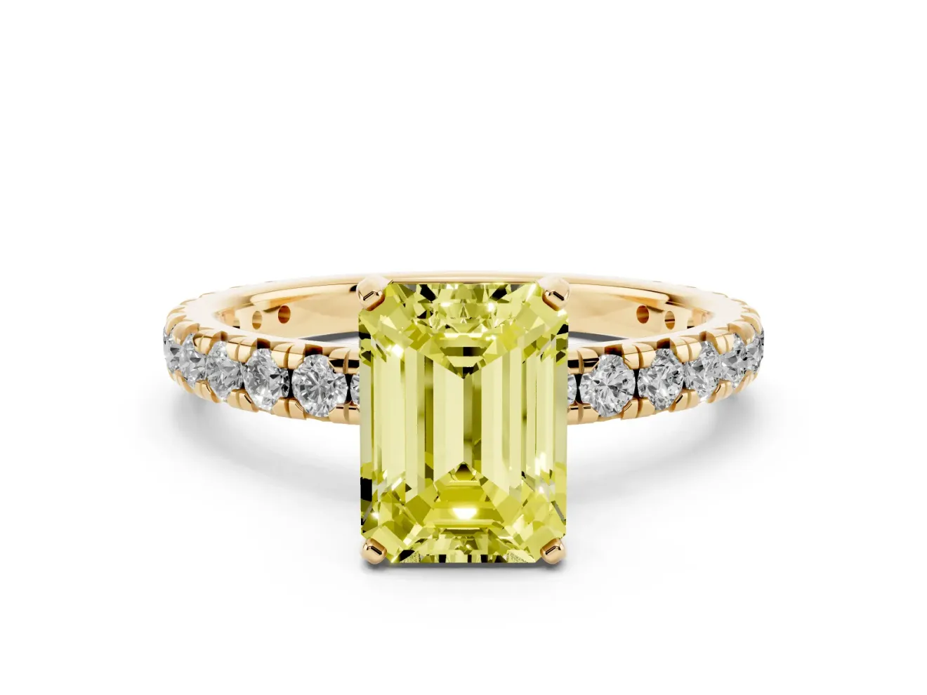 Fancy Yellow Emerald Cut Diamond Pavé Solitaire Ring Set in Yellow gold with Round Band and Prong Setting