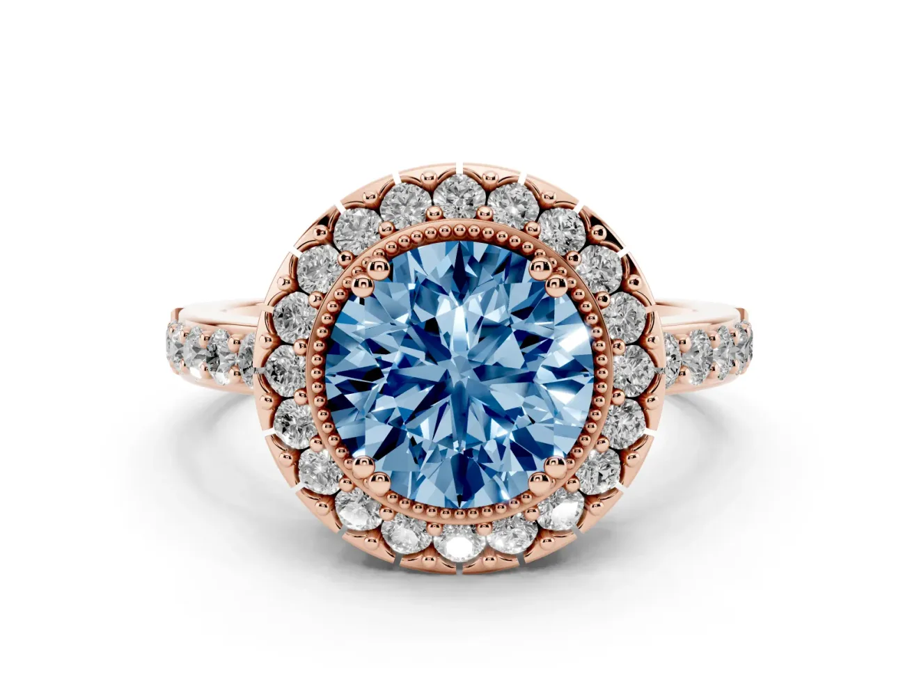 Round Vintage Milgrain Halo Engagement Ring Setting for a Fancy Blue Lab-Grown Diamond | Pierced Gallery | Rose Gold