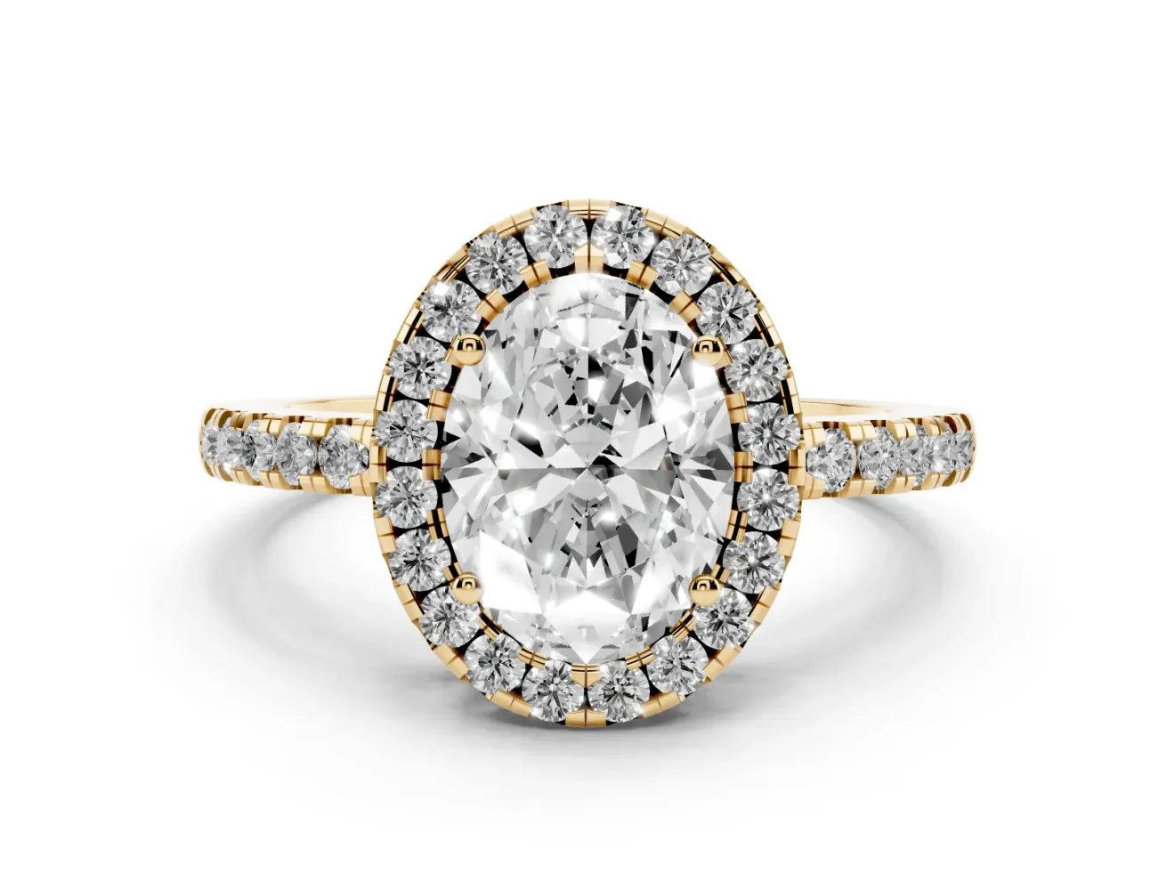 Oval Halo Engagement Ring Setting | Shared Prong Pavé Band | Yellow Gold