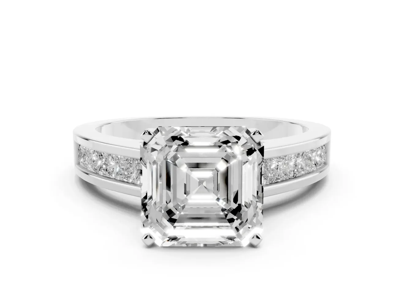 Asscher Cut Diamond Solitaire Ring Set in White gold with Channel-Set Band and Prong Setting