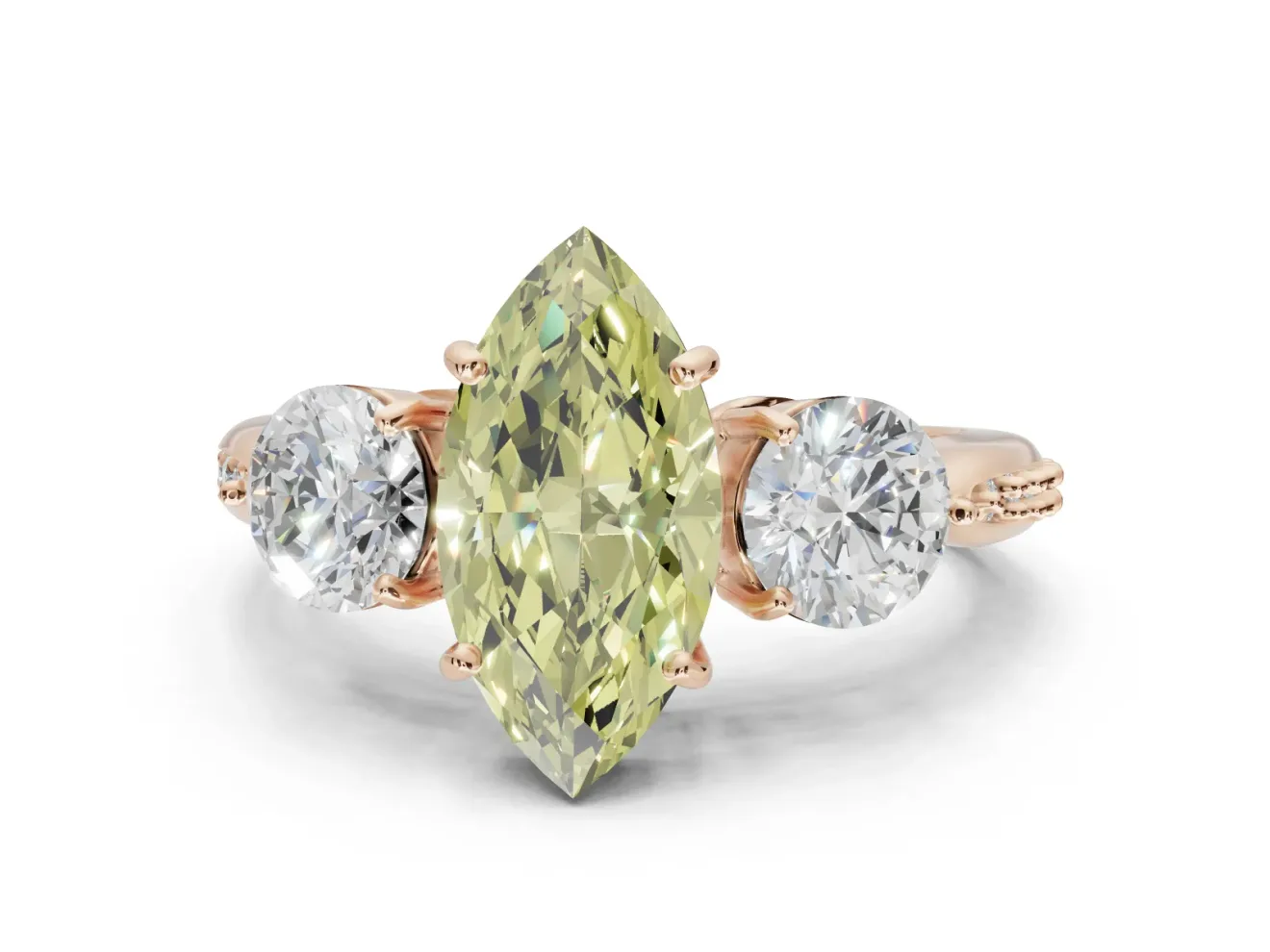 Marquise Three Stone Engagement Ring Setting for a Fancy Yellow Lab-Grown Diamond | Tapered Pave Band | Rose Gold