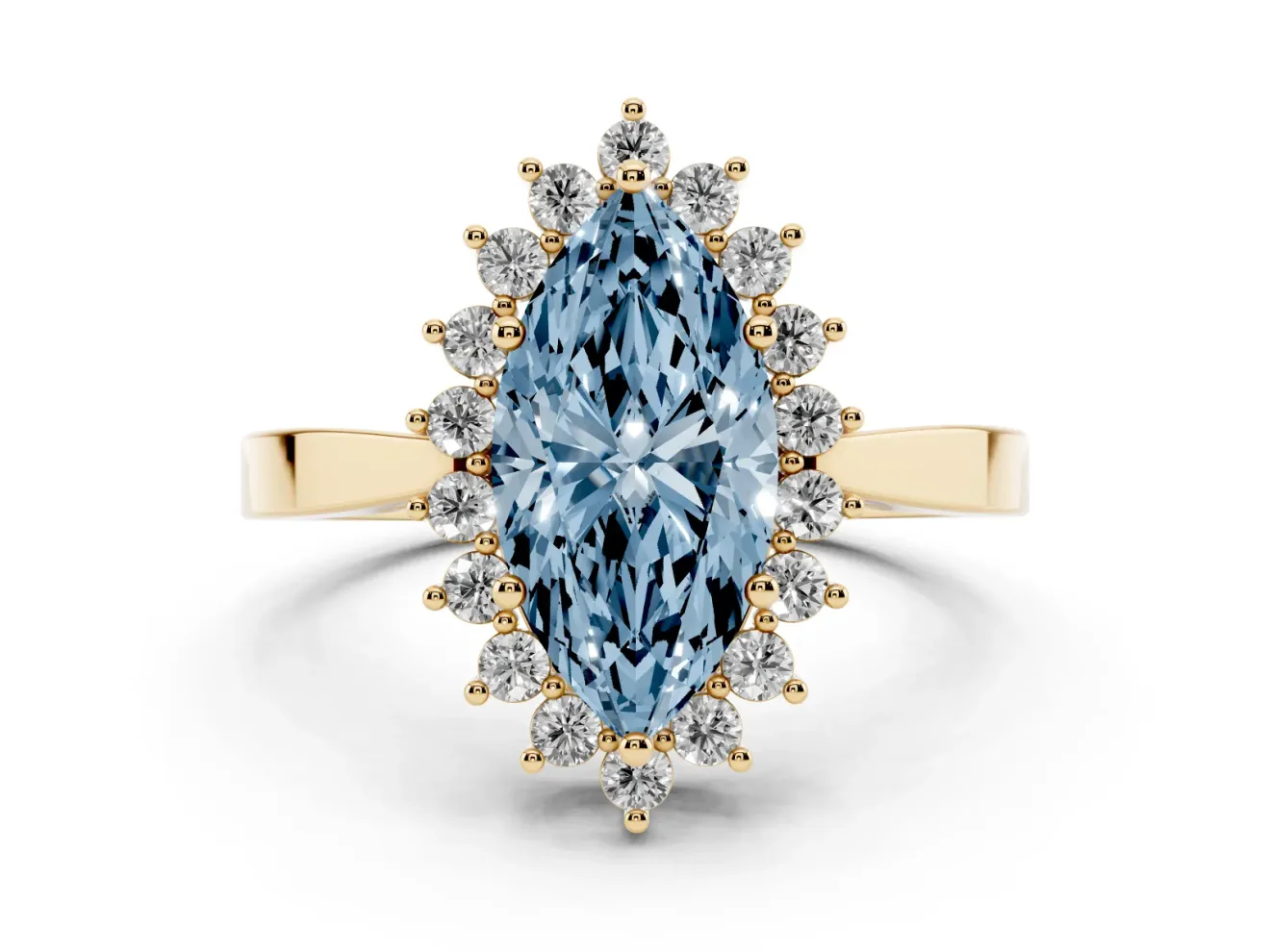 Fancy Blue Marquise Cut Diamond Halo Ring Set in Yellow gold with Round Halo and Smooth Solitaire Band