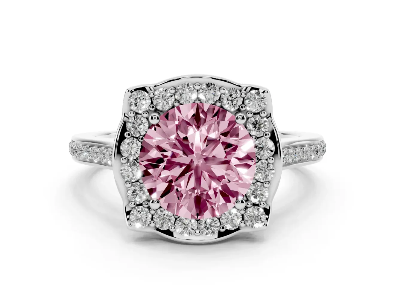Round Halo Engagement Ring Setting for a Fancy Pink Lab-Grown Diamond | Petal Tips | Platinum