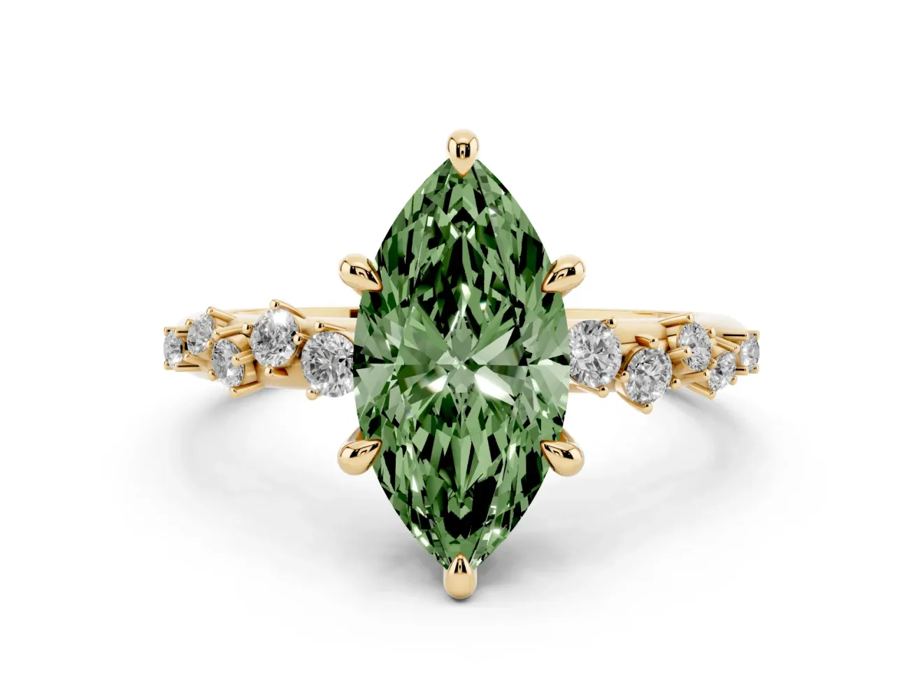 Fancy Green Marquise Cut Diamond Solitaire Vine Band Ring Set in Yellow gold with Round Accents and Prong Setting