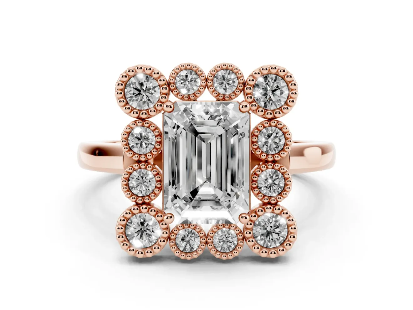 Emerald Cut Vintage Milgrain Bezel Cluster Halo Engagement Ring Setting | Plain Band | Rose Gold