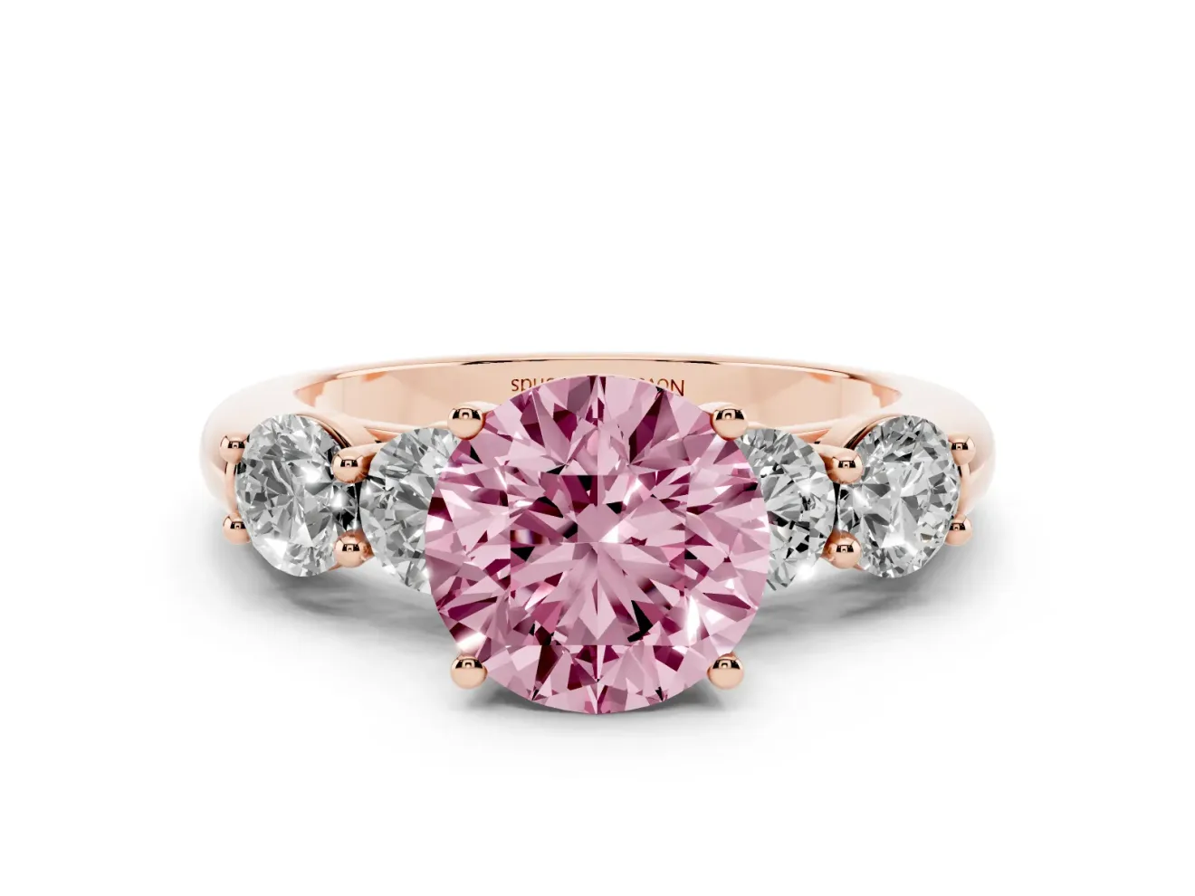 Fancy Pink Round Cut Diamond Five-Stone Prong Set Ring Set in Rose gold with Classic Band