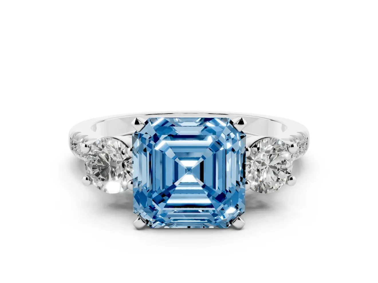 Fancy Blue Three-Stone Asscher Cut Diamond Pavé Band Ring Set in Platinum with Prong-Set Trio