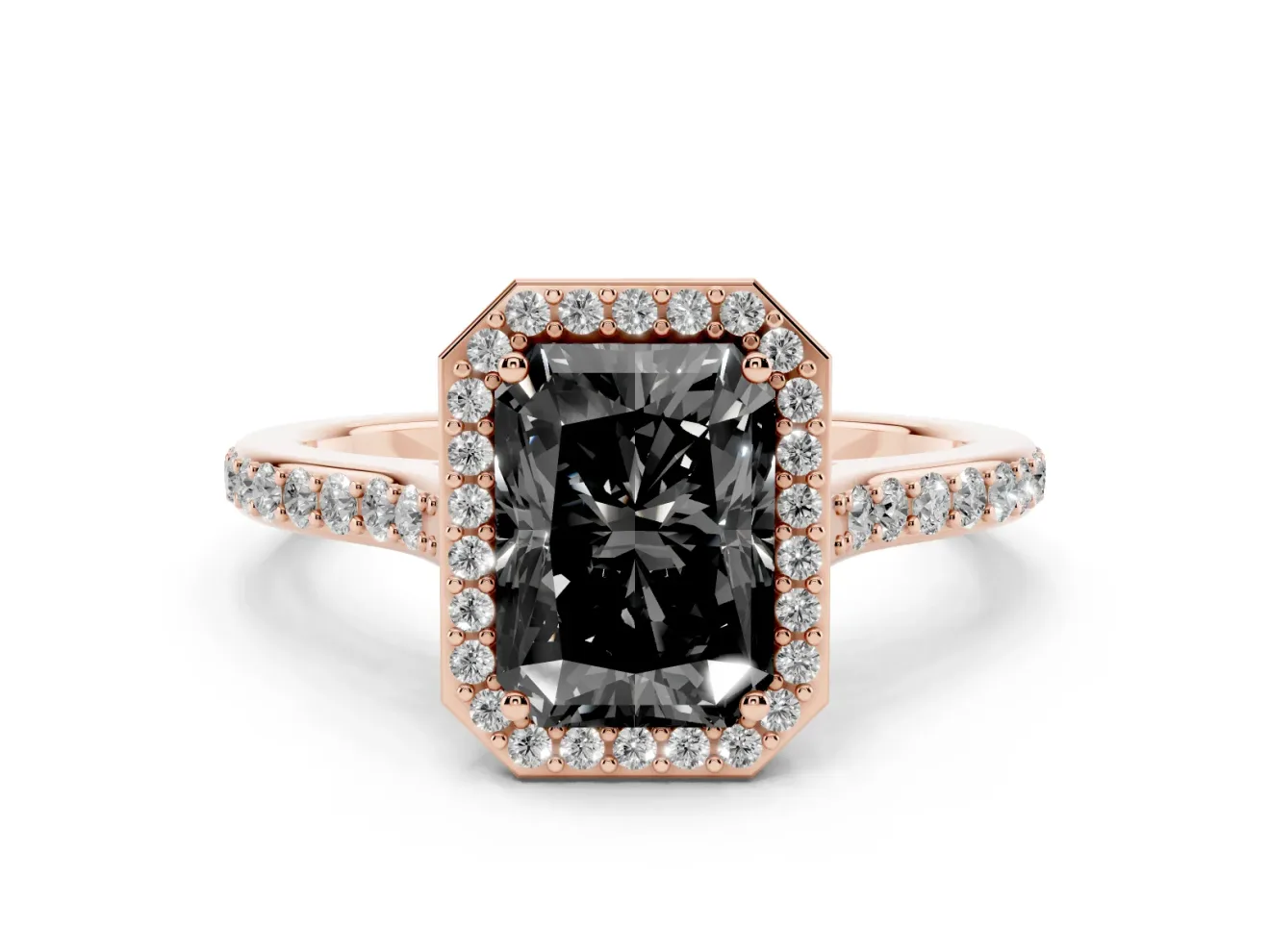 Radiant Cut Pavé Halo Engagement Ring Setting for a Black Center | Rose Gold