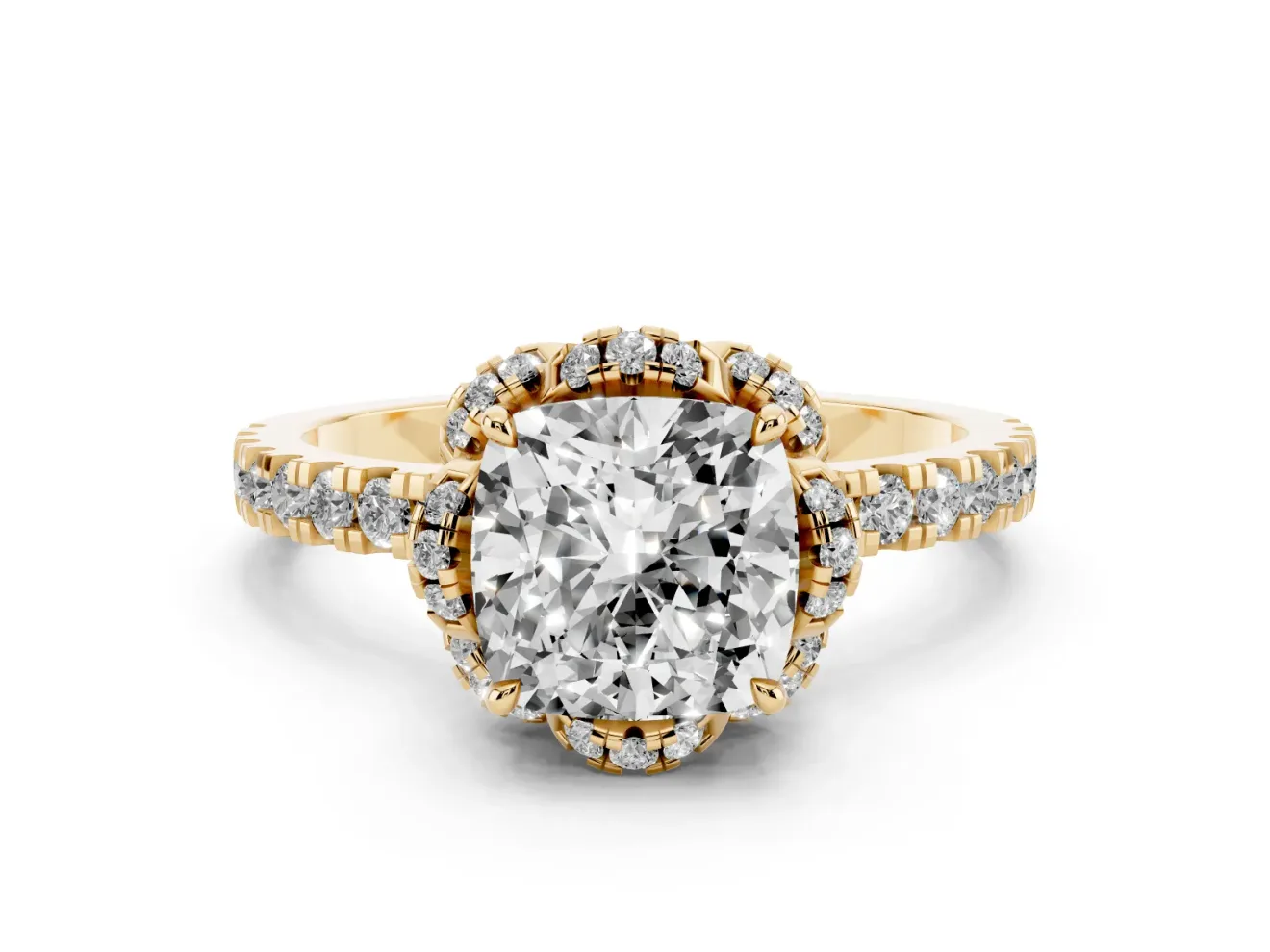 Cushion Cut Diamond Halo Pavé Band Ring Set in Yellow gold with Prong-Held Center