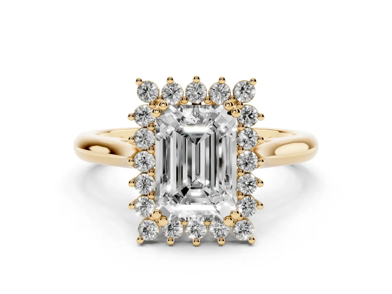 Emerald Cut Starburst Halo Engagement Ring Setting | Thin Plain Band | Yellow Gold
