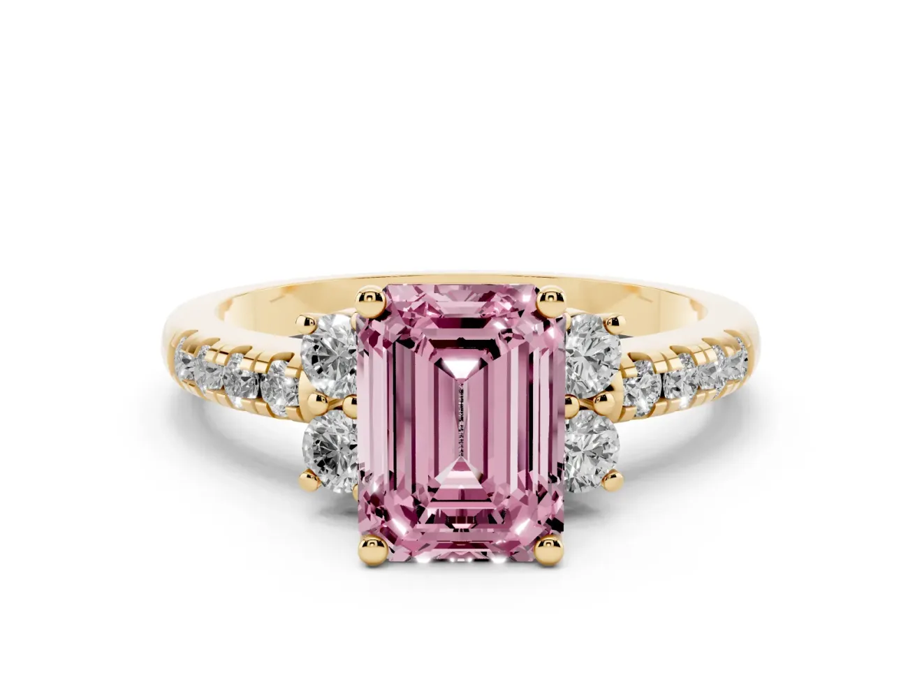 Emerald Cut Side Stone Engagement Ring Setting for a Fancy Pink Lab-Grown Diamond | Pave Band | Yellow Gold