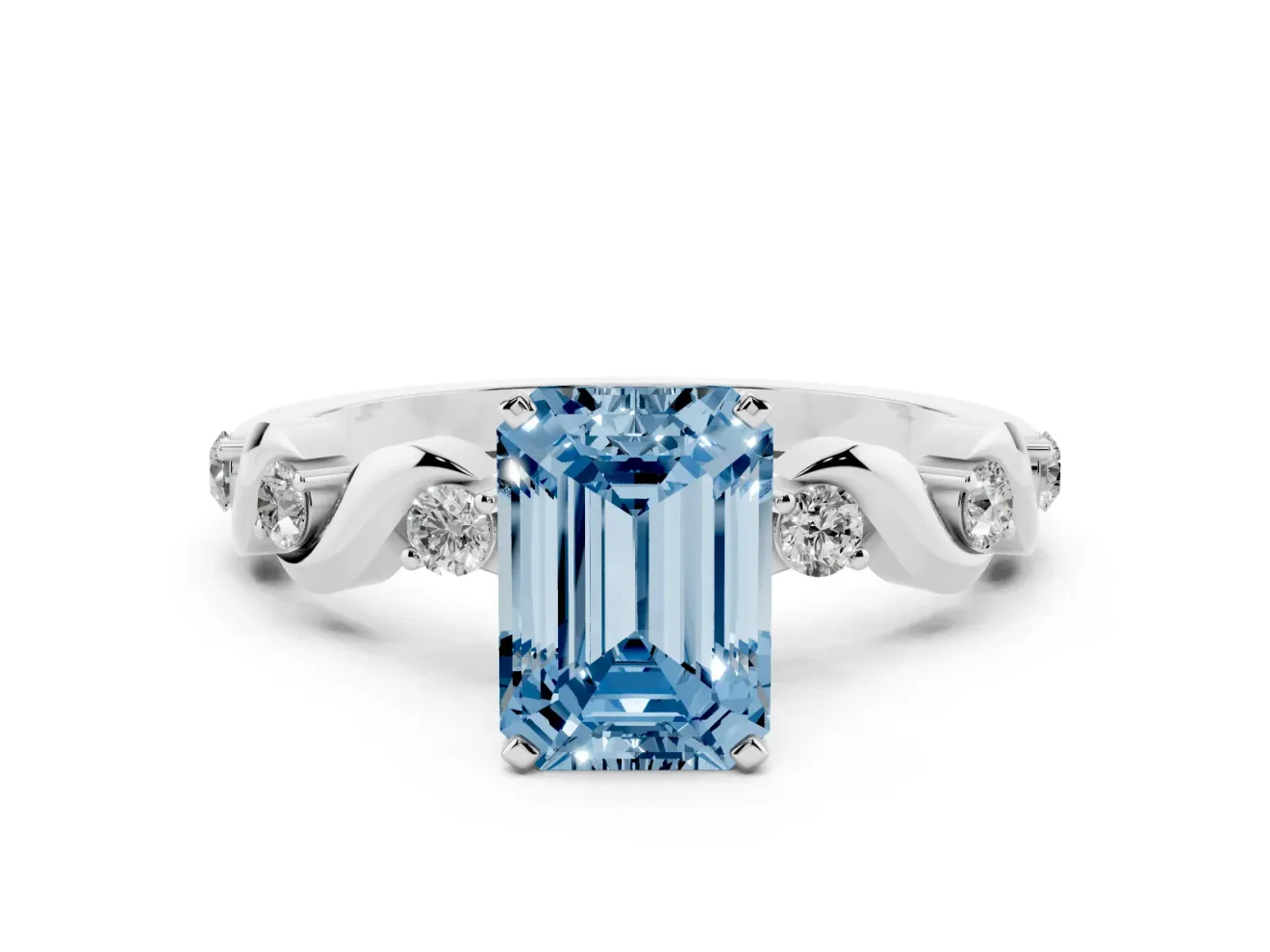 Emerald Cut Ribbon Twist Engagement Ring Setting for a Fancy Blue Lab-Grown Diamond | Accented Shoulders | White Gold