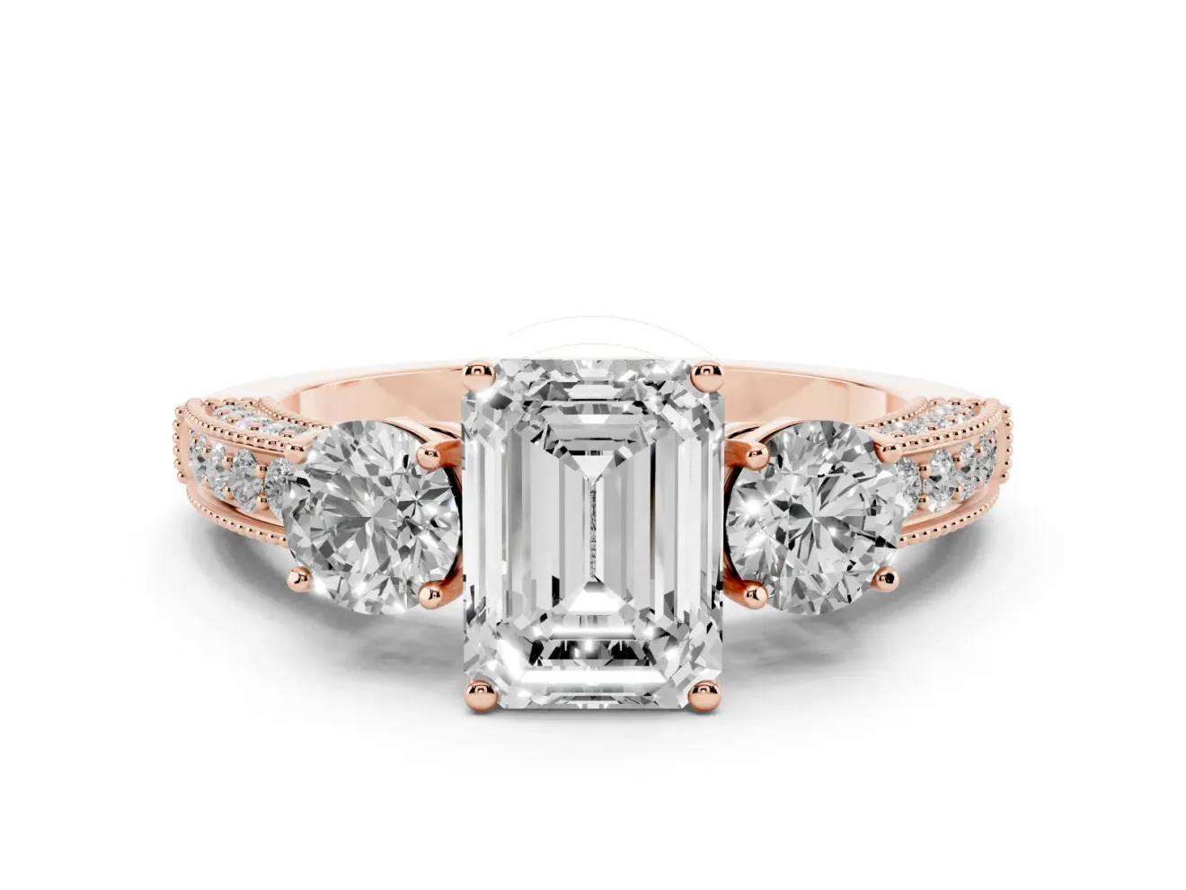 Emerald Cut Diamond Three-Stone Ring Set in Rose gold with Round Side Stones and Pavé Band