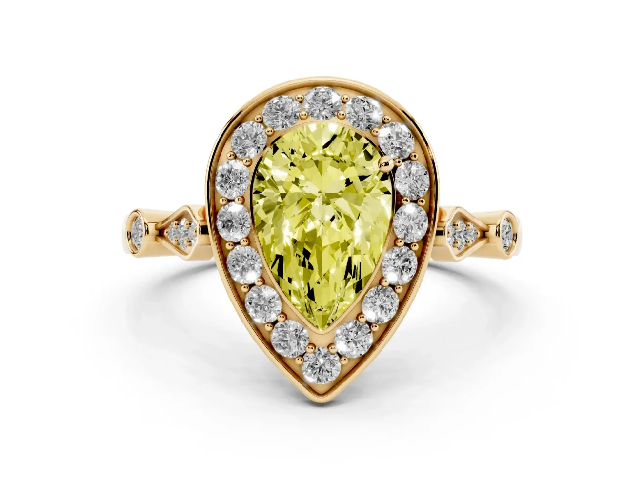 Pear-Shaped Halo Engagement Ring Setting for a Fancy Yellow Lab-Grown Diamond | Bezel Station Shoulders | Yellow Gold