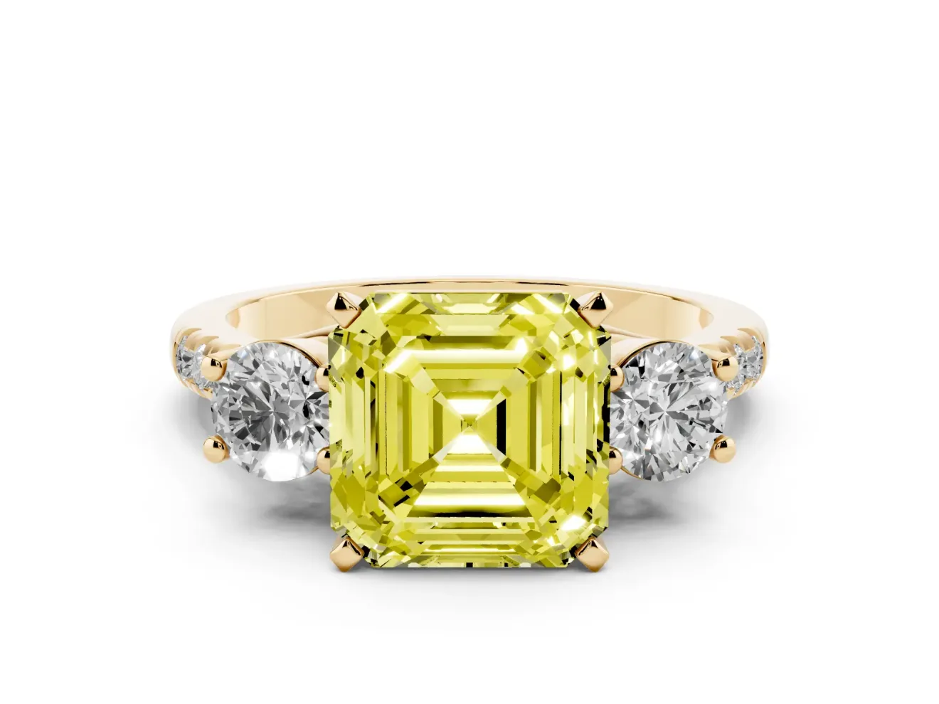 Fancy Yellow Three-Stone Asscher Cut Diamond Pavé Band Ring Set in Yellow gold with Prong-Set Trio