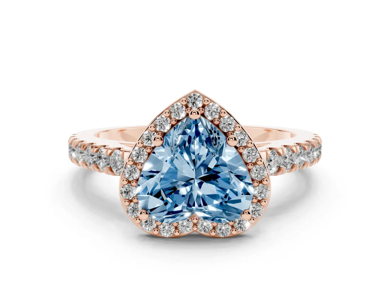 Fancy Blue Heart Cut Diamond Halo Engagement Ring Set in Rose gold with Pavé Band and Prong Setting