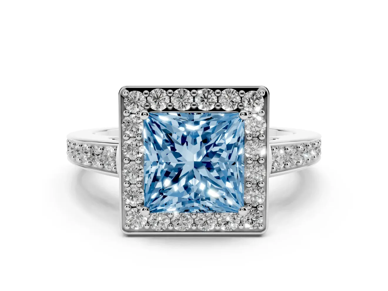 Fancy Blue Princess Cut Diamond Halo Pavé Engagement Ring Set in Silver with Bezel Setting