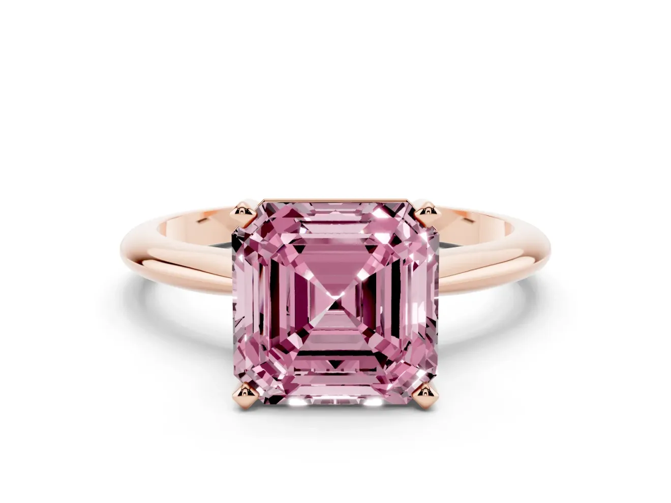 Fancy Pink Asscher Cut Diamond Solitaire Ring Set in Rose gold with Prong Setting on a Plain Round Band