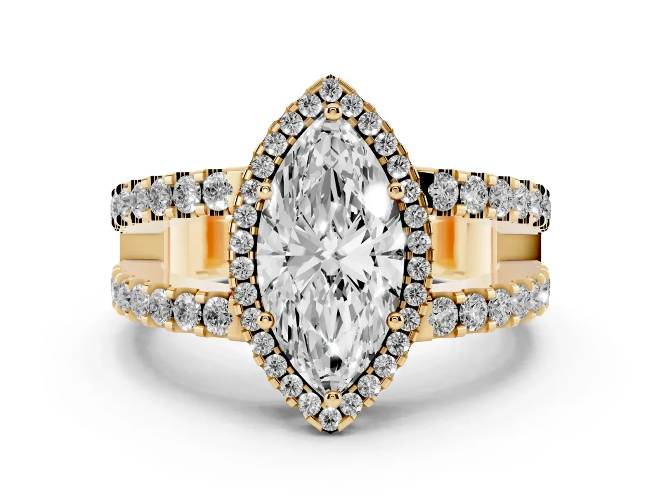 Marquise Cut Diamond Halo Ring Set in Yellow gold with Pavé Split Shank and Prong Setting