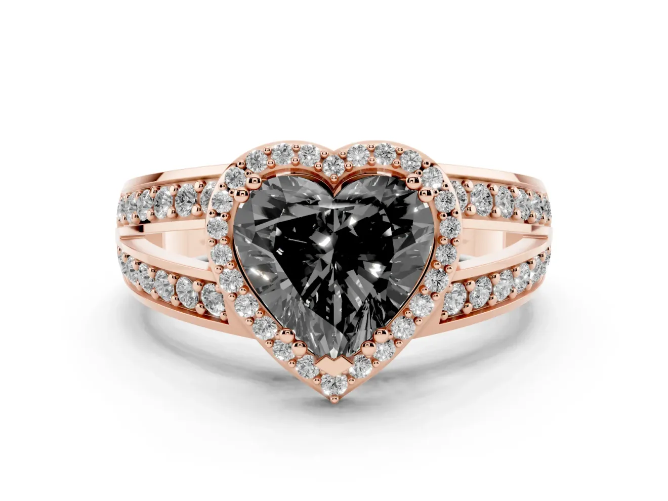 Fancy Black Heart Cut Diamond Halo Ring Set in Rose gold with Double Pavé Split Shank