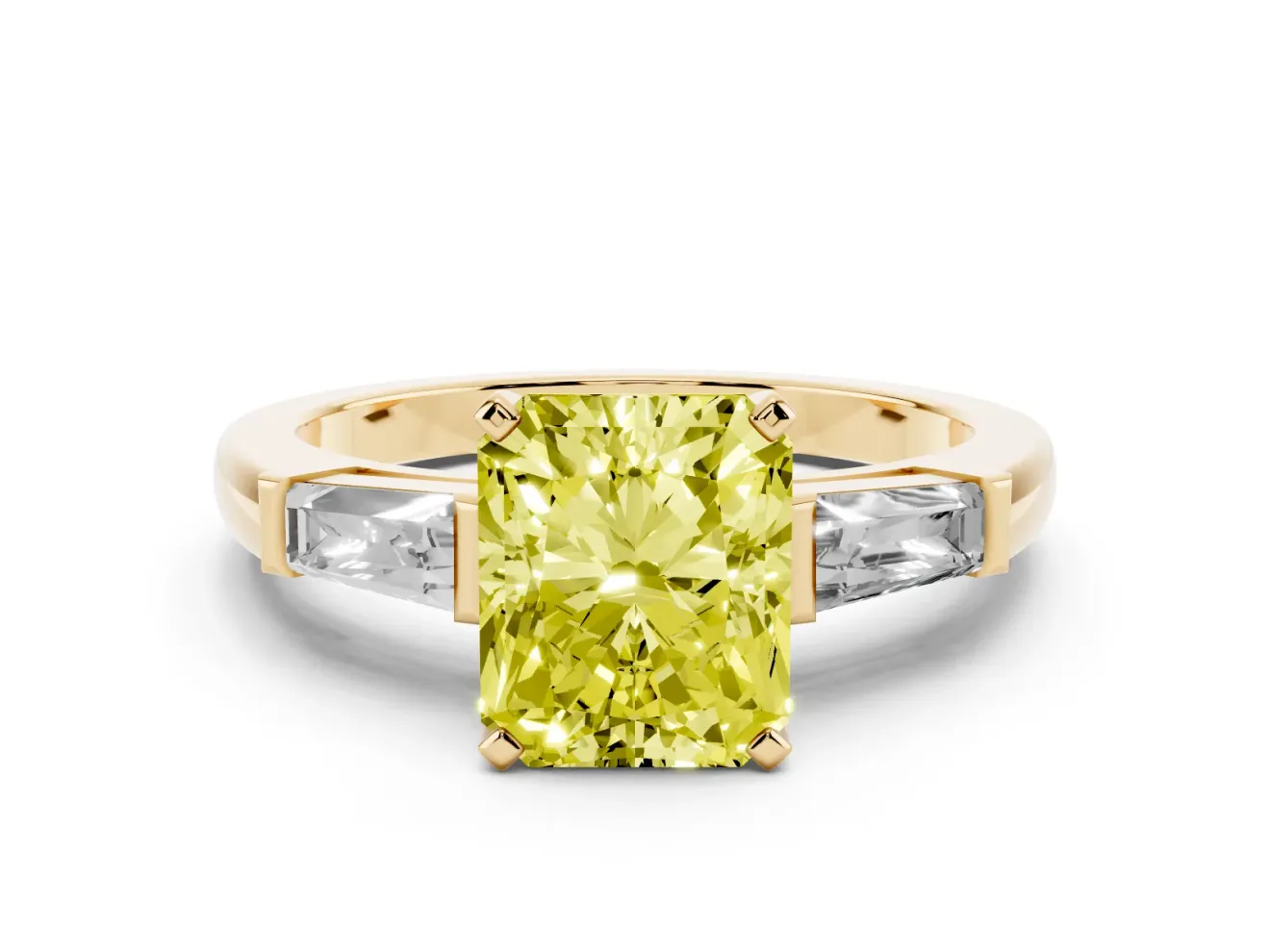 Fancy Yellow Radiant Cut Diamond Solitaire Ring Set in Yellow gold with Tapered Baguette Side Stones and Prong Setting