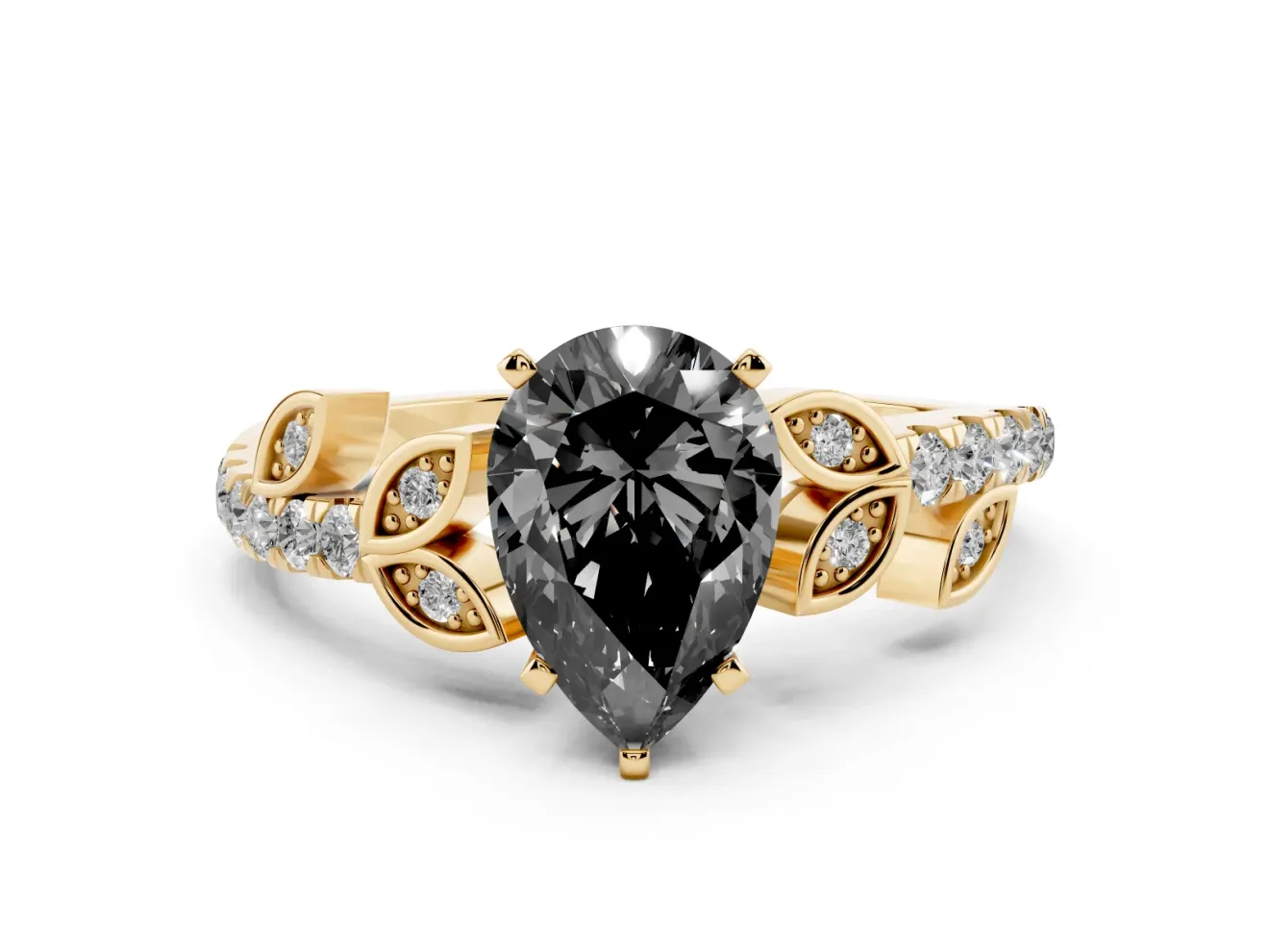 Fancy Black Pear Cut Diamond Solitaire Leaf-Inspired Ring Set in Yellow gold with Pavé Band and Prong Setting