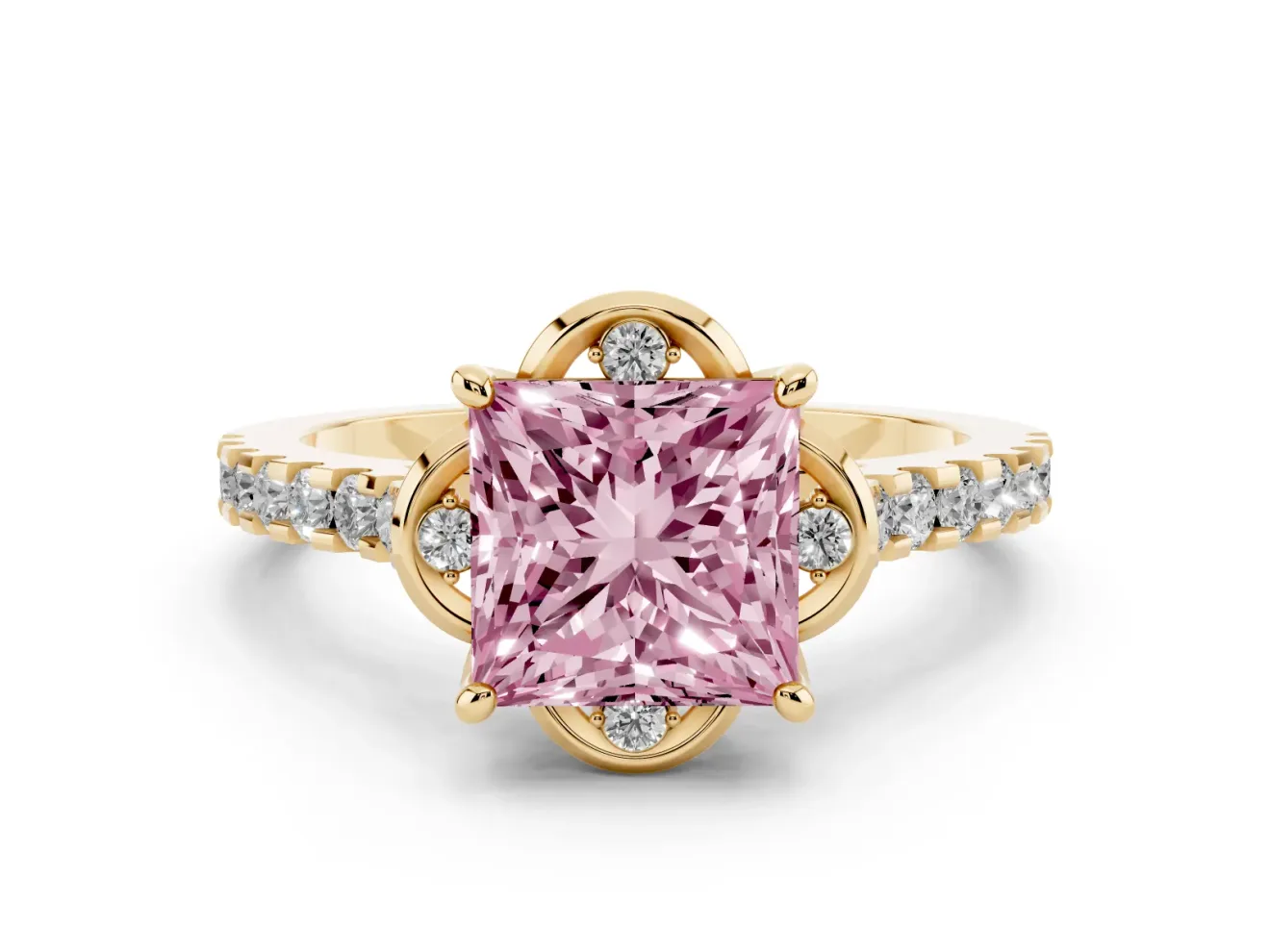 Princess Cut Floral Petal Engagement Ring Setting for a Fancy Pink Lab-Grown Diamond | Petal Accents | Yellow Gold